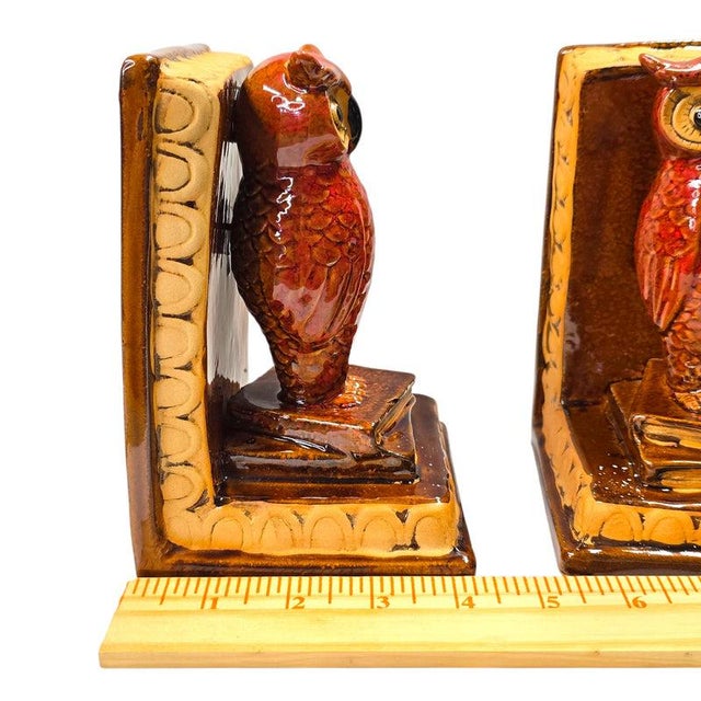 Vintage Ceramic Great Horned Owl Bookends – Red Glaze Sculptural Pair For Sale - Image 13 of 15
