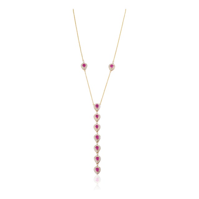 2.16 Carat Mozambique Red Ruby & Diamond Lariat Necklace in 14k Yellow Gold For Sale