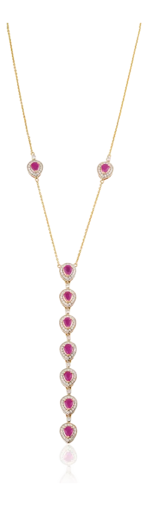 2.16 Carat Mozambique Red Ruby & Diamond Lariat Necklace in 14k Yellow Gold