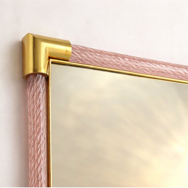 Mid-Century Modern Contemporary Rectangular Pink and Gold Mirror With “Torchon” Murano Glass For Sale - Image 3 of 5