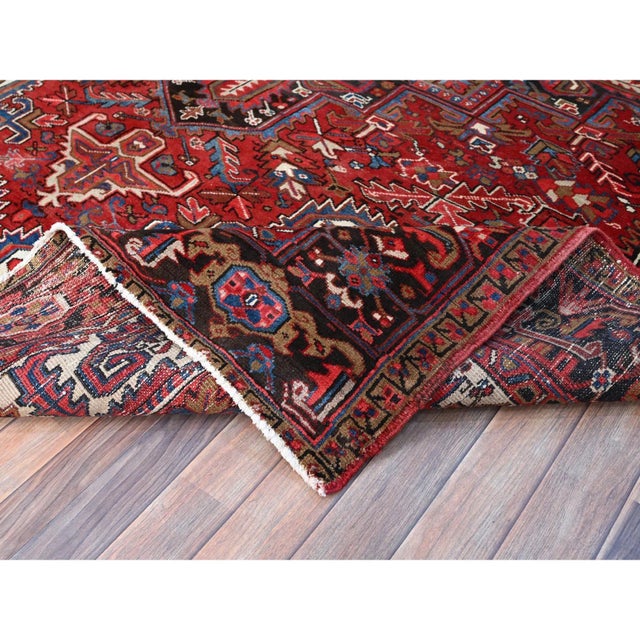 1960 8'2"x10'10" Red Hand Knotted Pure Wool Centre Geometric Medallion Worn Down Rug For Sale - Image 10 of 12