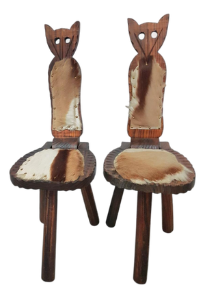 Brutalist Cowhide Cat Tripod Chairs with Foldable Backrests, Spain, 1960s, Set of 2