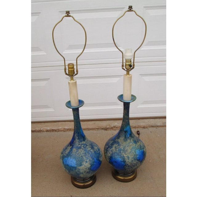 Mid 20th Century Helmut Bruchman Style Mid Century Modern Blue Glaze Ceramic Lamps - a Pair For Sale - Image 9 of 12