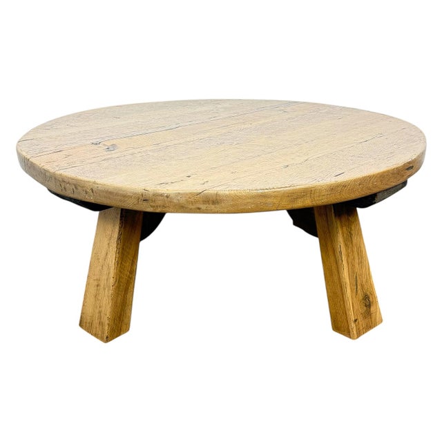 Brutalist Vintage Rustic Brutalist European Round Oak Coffee Table , 1950s For Sale - Image 3 of 11
