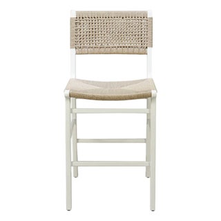 Matthew Izzo Home Astrid Matte White Counter Stool With Woven Back and Rush Seat For Sale