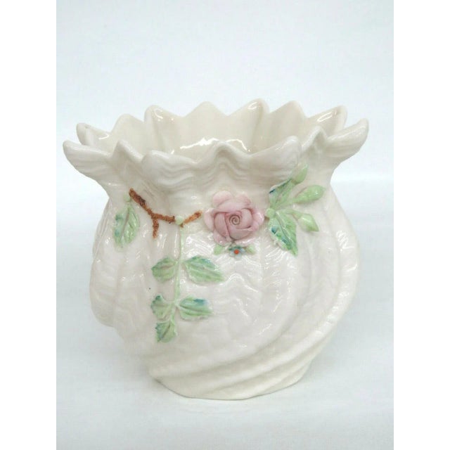Belleek Ireland Porcelain Pink Rose Green Leaves Flower Vase For Sale - Image 9 of 12