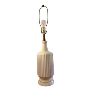 Mid Century White Ceramic and Teak Table Lamp, Denmark 1960s For Sale
