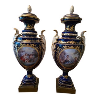 Antique Signed Pair of Museum Pair Sevres Urns 24k For Sale
