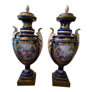 Antique Signed Pair of Museum Pair Sevres Urns 24k