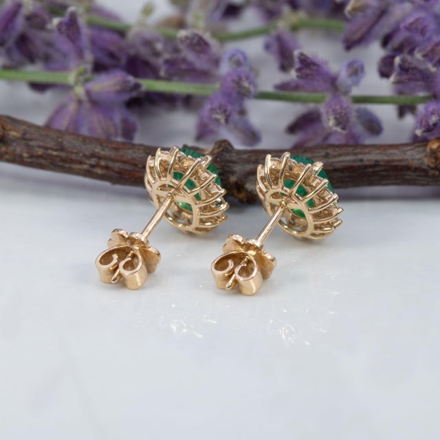 Metal 1.8Ct Zambian Emerald Earrings With Diamond Accents in Solid 14k Gold, 7x5mm, Pair For Sale - Image 7 of 7