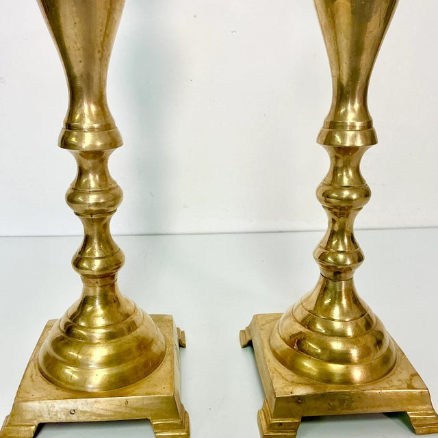 Mid-Century Boho Chic Arts & Crafts Brass Alter Candlestick Holders - A Pair For Sale - Image 6 of 11