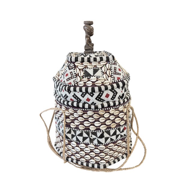 Vintage African Kuba Royal Beaded Basket Congo 21" H For Sale - Image 4 of 9
