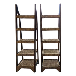 Pair of Mid-Century Wood and Woven Rush Etageres, 20th Century For Sale