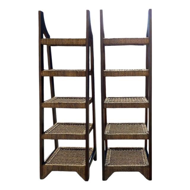 Pair of Mid-Century Wood and Woven Rush Etageres, 20th Century For Sale