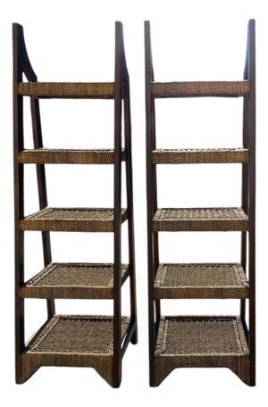 Pair of Mid-Century Wood and Woven Rush Etageres, 20th Century