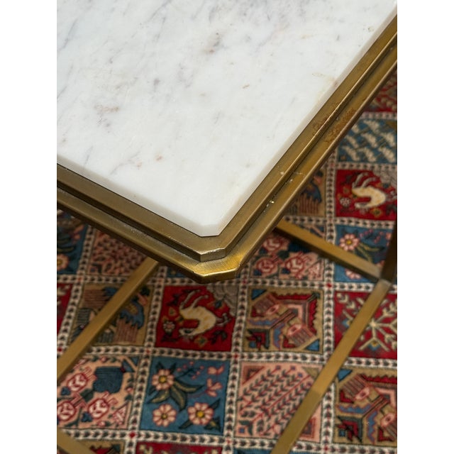 Metal Brass C-Tables With Marble Tops, Pair For Sale - Image 7 of 11
