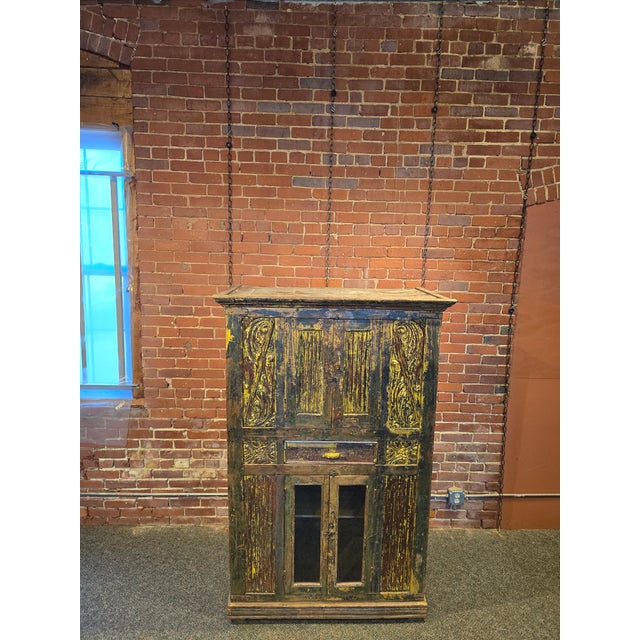 Mustard 1980s Antique Style Hand-Carved Artisan Armoire / Hutch For Sale - Image 8 of 10