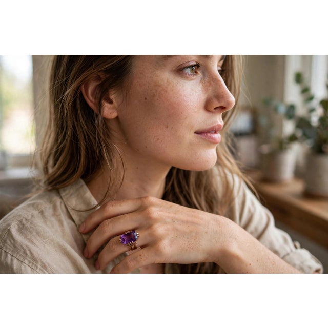 An authentic antique Victorian solitaire ring crafted in warm 10k rose gold. Featuring a vibrant rectangular emerald-cut...