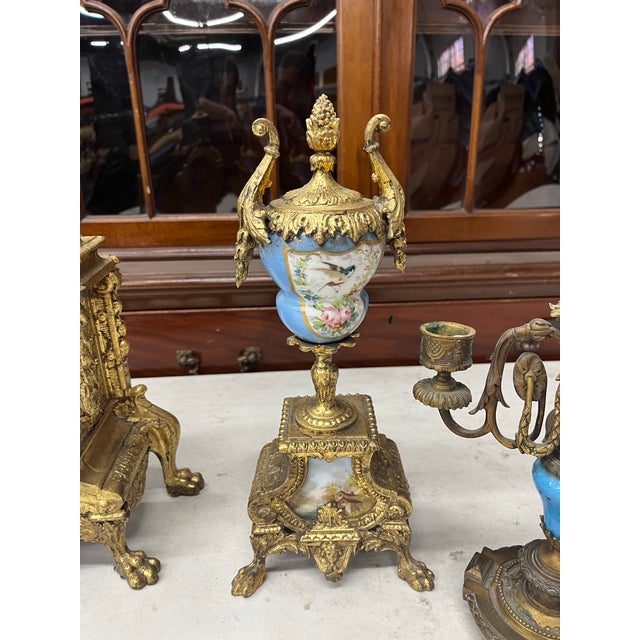 French Country Set of 5, Early 20th Century A Three Piece Clock Garniture Together With a Pair of Three Light Candelabras For Sale - Image 3 of 12