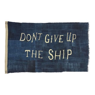 Large Patchwork Indigo Flag, Don't Give Up the Ship, Unique For Sale