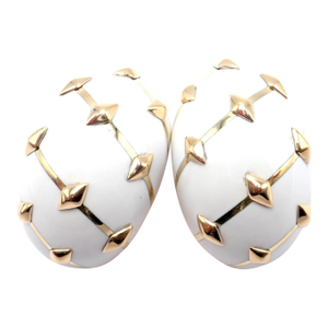Tiffany & Co. Schlumberger Dot Losange Yellow Gold White Enamel Hoop Earrings- Set of 2