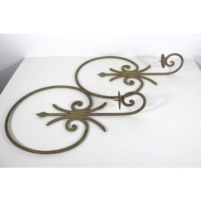 Metal Pair of Large Gilded Wrought Iron Wall Sconces Scroll Candle Holders For Sale - Image 7 of 12