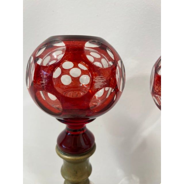 Pair, Antique French Baccarat Style Ruby Cut Glass Newel Post Finials