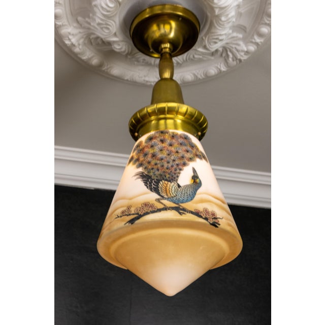 Art Deco Glass and Brass Pendant Light with Bird Paintings, France, 1930s For Sale - Image 11 of 18