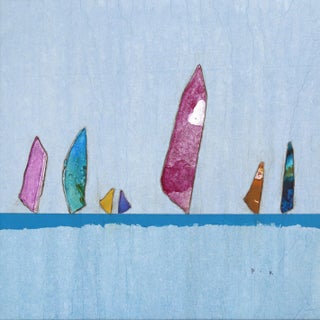 Minimalist Textural Sailboats on Water "Strong Current Ii" Contemporary Original Mixed-Media Painting by Peter Kuttner For Sale