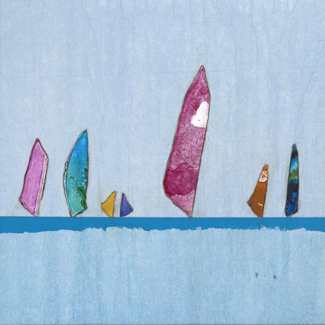 Minimalist Textural Sailboats on Water "Strong Current Ii" Contemporary Original Mixed-Media Painting by Peter Kuttner For Sale