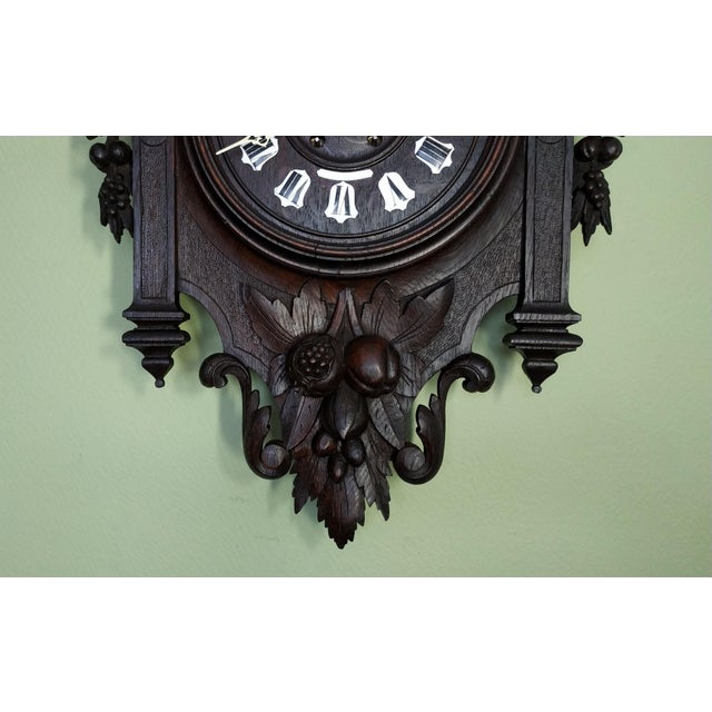 Brown 1840-1860 Grand French Carved Wooden Clock Cartel and Enameled Cartridges For Sale - Image 8 of 10