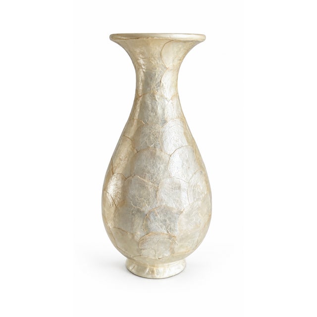 Hollywood Regency Pair of Tall Cream Capiz Shell Mosaic Decorative Vases For Sale - Image 3 of 5