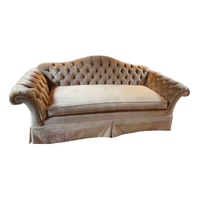 Pair of Custom English Country Tufted Silk Velvet Sofas For Sale