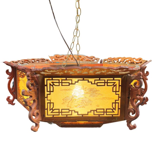 Red 1950s Mid-Century Carved Chinese Rosewood Painted Lantern Hanging Chandelier Lamp For Sale - Image 8 of 14