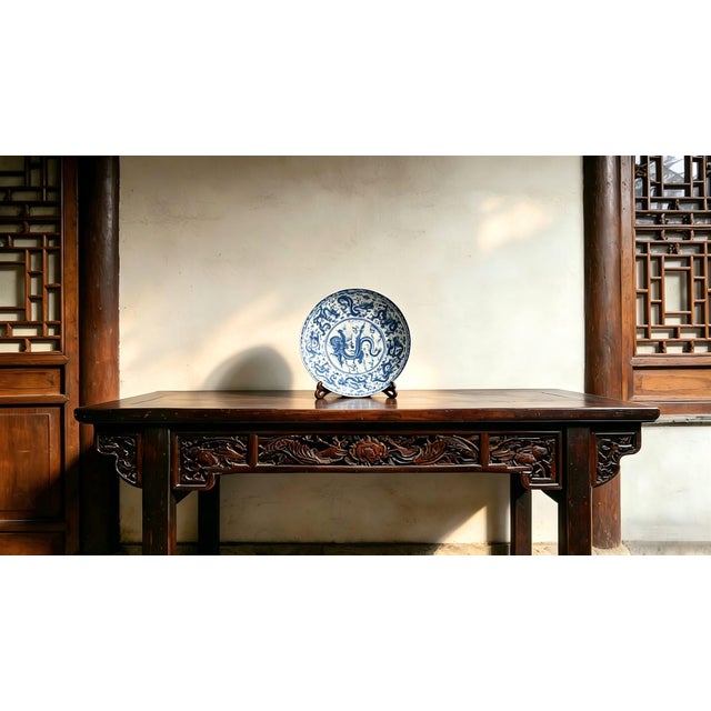 Art Deco Chinese Ceramic Plate,Qianlong Marked Blue and White Porcelain Plate Hand Painted Dragon Pattern For Sale - Image 3 of 11