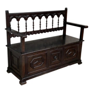 19th Spanish Carved Hall Bench With Storage For Sale