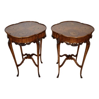 1920s Antique French Louis XV Satinwood Inlaid Pair of Side Tables / End Tables For Sale