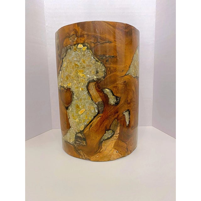 1990s Vintage Crushed Amber Glass and Resin Teak Wood Stool For Sale - Image 9 of 9