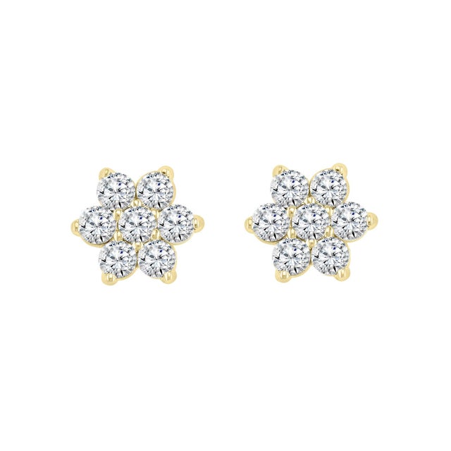 2.80 Carat 7 Diamond Floral Cluster Flower Stud Earrings in 14 Karat Yellow Gold For Sale - Image 14 of 18