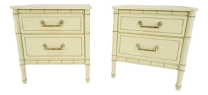 Pair of Faux Bamboo Beige White Lacquer Two Drawers Nightstands End Tables