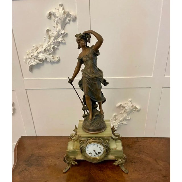Antique French Onyx and Spelter Clock Depicting Amphitrite in the style of Auguste Moreau, 1900 For Sale - Image 11 of 11