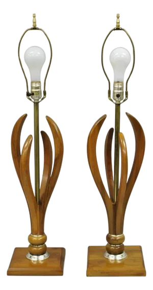 Vintage Mid Century Modern Sculptural Walnut Wood & Brass Table Lamps - A Pair