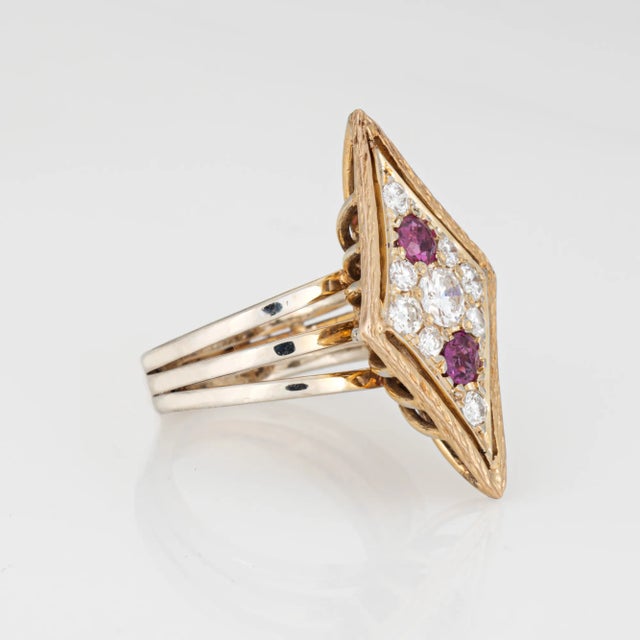 1980s Vintage Rhombus Ring Diamond Ruby 14k Yellow Gold Cocktail Jewelry Size 5 For Sale - Image 4 of 6
