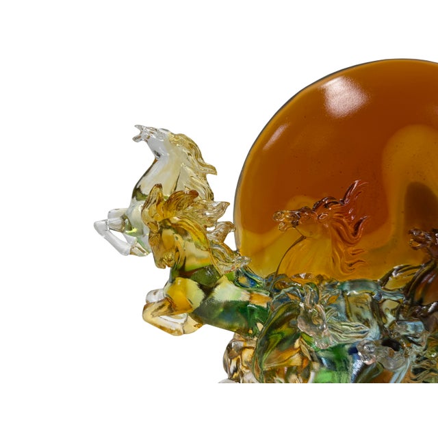 Crystal Glass Wild Horses Galloping Orange Sun Moon Back Sculpture Figure For Sale - Image 9 of 14