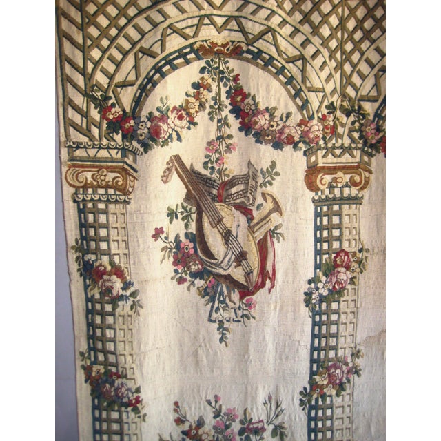 French French Aubusson Verdure View of a Trellis Decor, Flowers and Putti Statue 1700 Hundreds For Sale - Image 3 of 17
