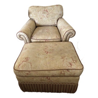 Ralph Lauren Fabric Covered Chair and Matching Ottoman For Sale