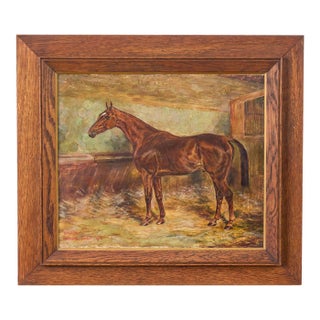 William Wasdell Trickett (1866–1939) “Balaam” 1913 Fine British Sporting Art Oil Painting – Equestrian Portrait of a Chestnut Horse in a Stable For Sale