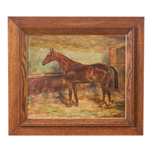 William Wasdell Trickett (1866–1939) “Balaam” 1913 Fine British Sporting Art Oil Painting – Equestrian Portrait of a Chestnut Horse in a Stable