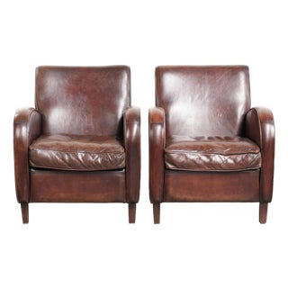 Dark Cognac-Colored Sheepskin Armchairs, Set of 2 For Sale