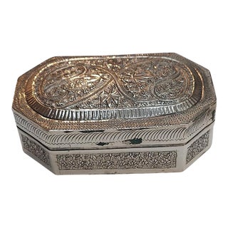Silver-Tone Hinged Trinket Box With Scroll and Starburst Decoration For Sale
